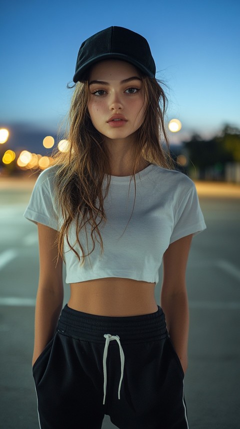 Long Distance Back Shot of a Woman in Black Sweatpants and a Cropped White T Shirt Posing in a Parking Lot at Night (67)