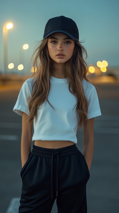 Long Distance Back Shot of a Woman in Black Sweatpants and a Cropped White T Shirt Posing in a Parking Lot at Night (61)