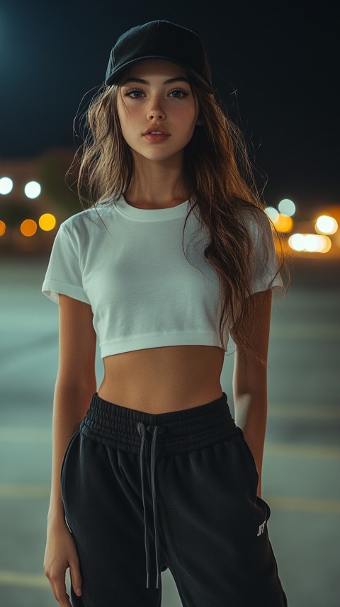 Long Distance Back Shot of a Woman in Black Sweatpants and a Cropped White T Shirt Posing in a Parking Lot at Night (72)