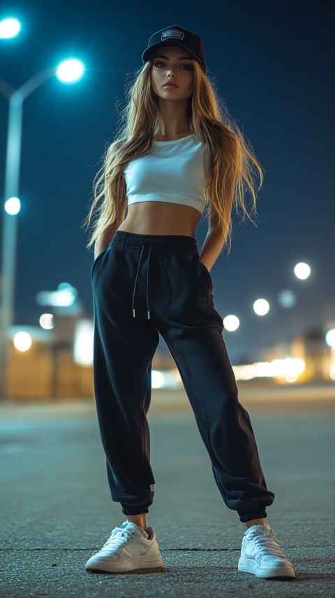 Long Distance Back Shot of a Woman in Black Sweatpants and a Cropped White T Shirt Posing in a Parking Lot at Night (64)