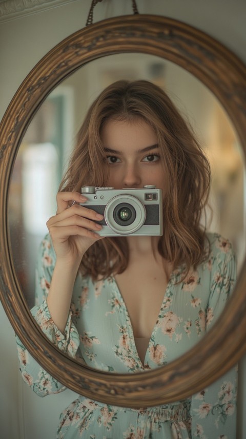 Round Mirror Reflecting a Woman Taking a Polaroid Picture – Minimalist Aesthetic (16)