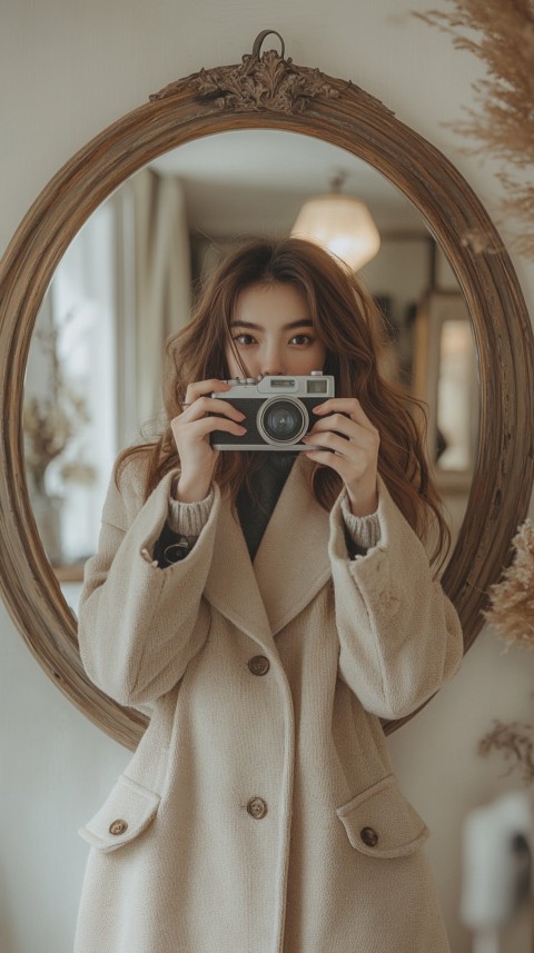 Round Mirror Reflecting a Woman Taking a Polaroid Picture – Minimalist Aesthetic (15)