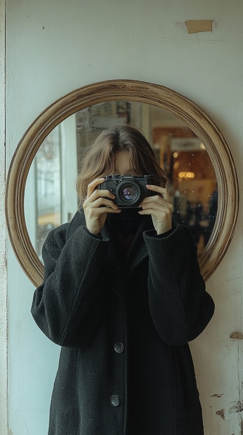 Round Mirror Reflecting a Woman Taking a Polaroid Picture – Minimalist Aesthetic (4)