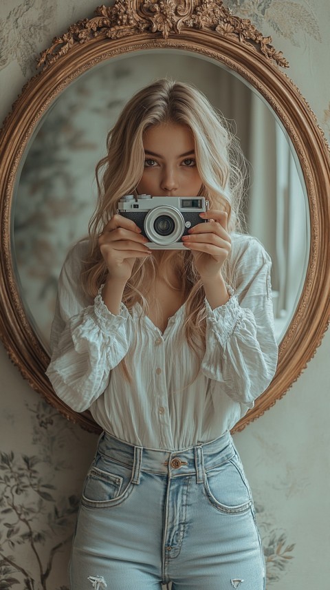 Round Mirror Reflecting a Woman Taking a Polaroid Picture – Minimalist Aesthetic (1)