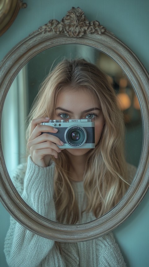 Round Mirror Reflecting a Woman Taking a Polaroid Picture – Minimalist Aesthetic (13)