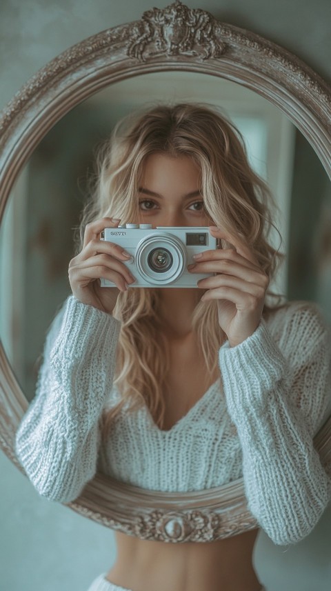 Round Mirror Reflecting a Woman Taking a Polaroid Picture – Minimalist Aesthetic (8)