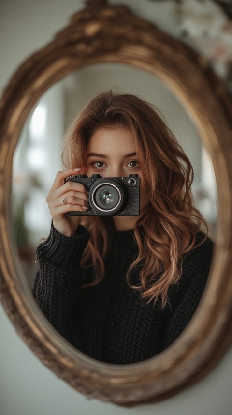 Round Mirror Reflecting a Woman Taking a Polaroid Picture – Minimalist Aesthetic (23)