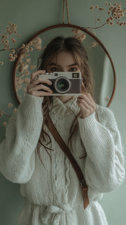 Round Mirror Reflecting a Woman Taking a Polaroid Picture – Minimalist Aesthetic (29)