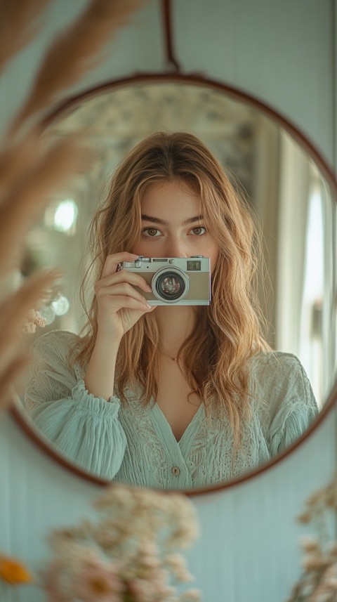 Round Mirror Reflecting a Woman Taking a Polaroid Picture – Minimalist Aesthetic (27)