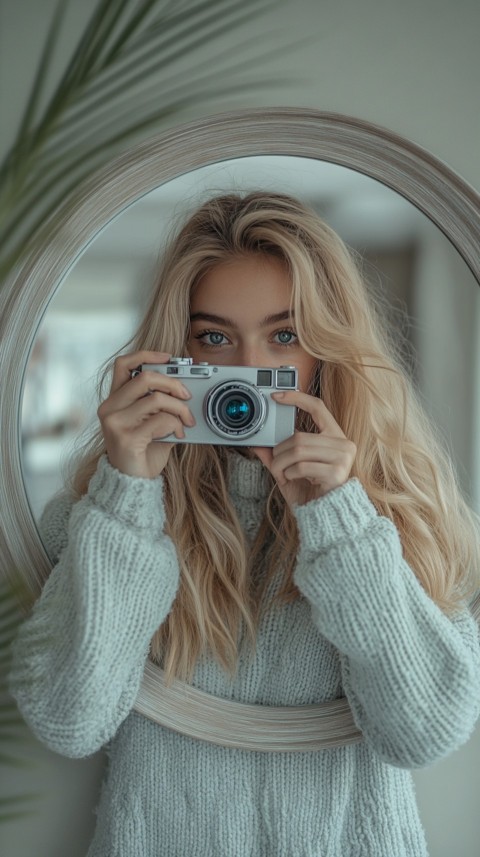 Round Mirror Reflecting a Woman Taking a Polaroid Picture – Minimalist Aesthetic (32)