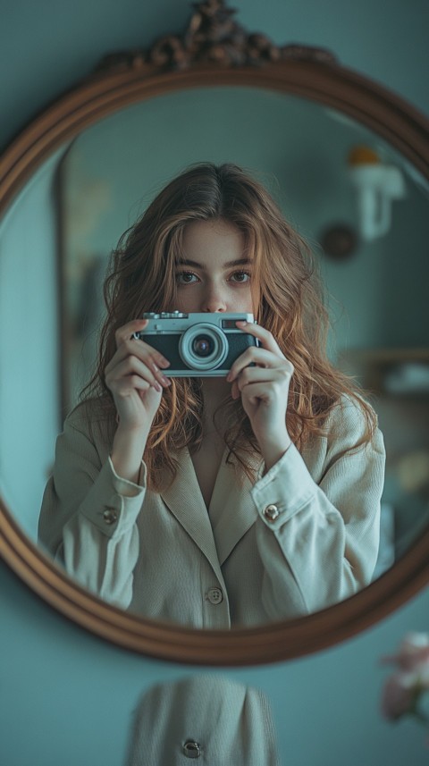 Round Mirror Reflecting a Woman Taking a Polaroid Picture – Minimalist Aesthetic (39)