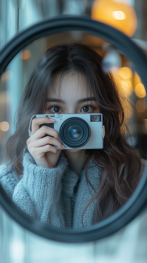 Round Mirror Reflecting a Woman Taking a Polaroid Picture – Minimalist Aesthetic (55)