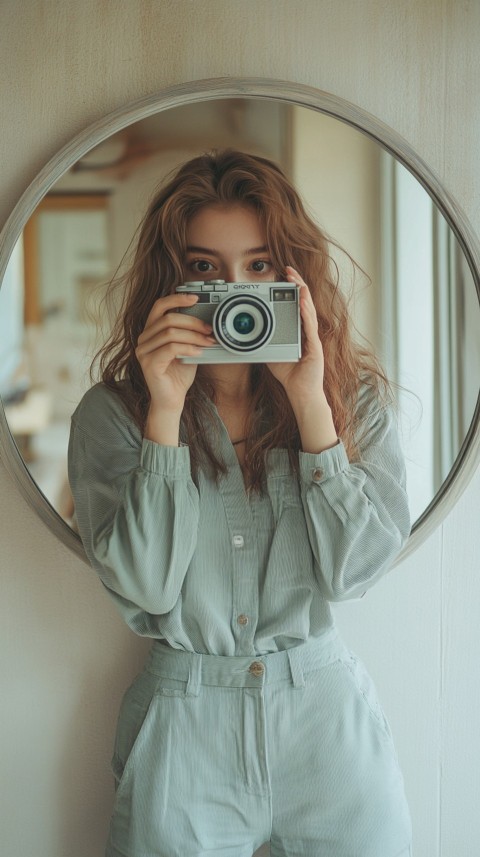 Round Mirror Reflecting a Woman Taking a Polaroid Picture – Minimalist Aesthetic (57)