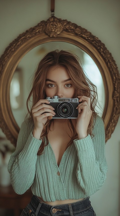 Round Mirror Reflecting a Woman Taking a Polaroid Picture – Minimalist Aesthetic (50)