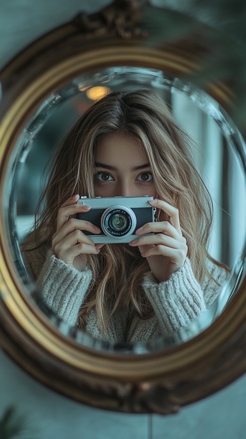 Round Mirror Reflecting a Woman Taking a Polaroid Picture – Minimalist Aesthetic (47)