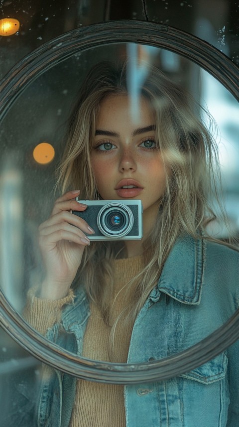 Round Mirror Reflecting a Woman Taking a Polaroid Picture – Minimalist Aesthetic (60)