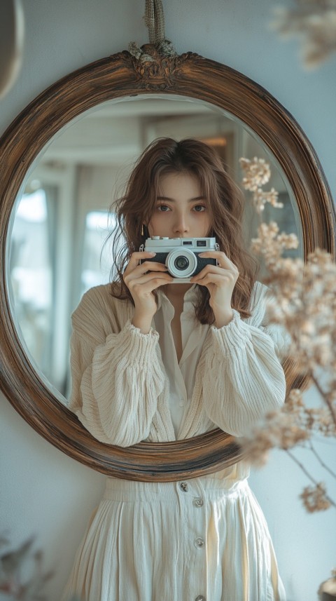 Round Mirror Reflecting a Woman Taking a Polaroid Picture – Minimalist Aesthetic (49)