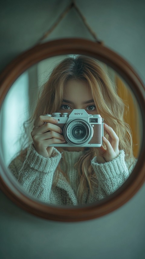 Round Mirror Reflecting a Woman Taking a Polaroid Picture – Minimalist Aesthetic (62)