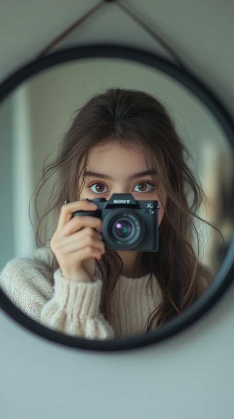 Round Mirror Reflecting a Woman Taking a Polaroid Picture – Minimalist Aesthetic (73)