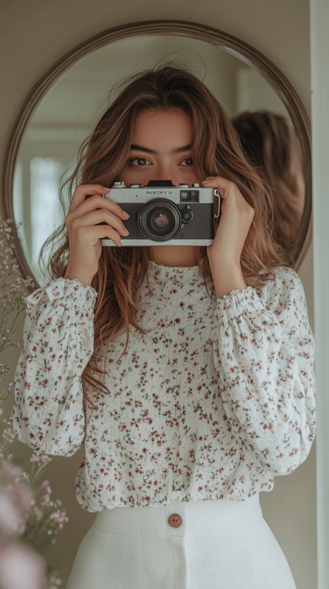 Round Mirror Reflecting a Woman Taking a Polaroid Picture – Minimalist Aesthetic (68)