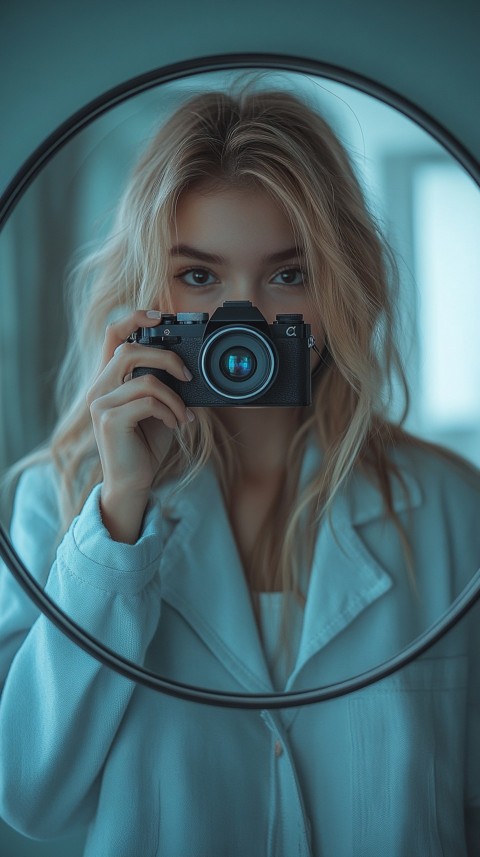 Round Mirror Reflecting a Woman Taking a Polaroid Picture – Minimalist Aesthetic (75)