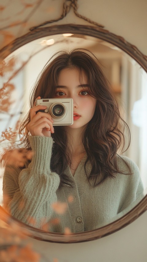 Round Mirror Reflecting a Woman Taking a Polaroid Picture – Minimalist Aesthetic (80)