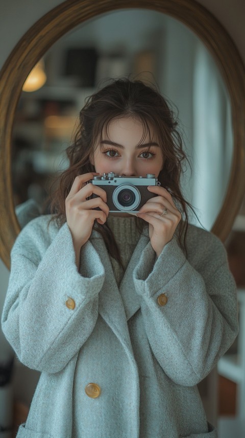 Round Mirror Reflecting a Woman Taking a Polaroid Picture – Minimalist Aesthetic (67)