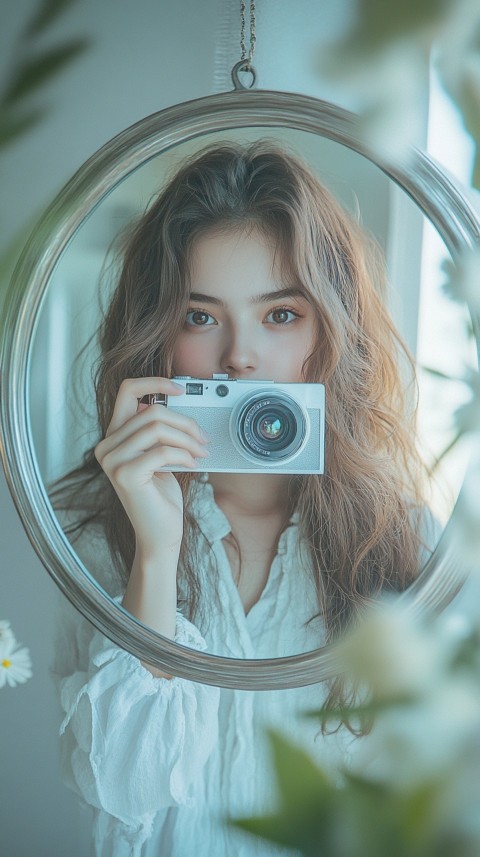 Round Mirror Reflecting a Woman Taking a Polaroid Picture – Minimalist Aesthetic (63)