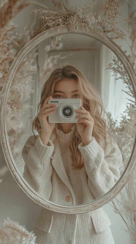 Round Mirror Reflecting a Woman Taking a Polaroid Picture – Minimalist Aesthetic (94)