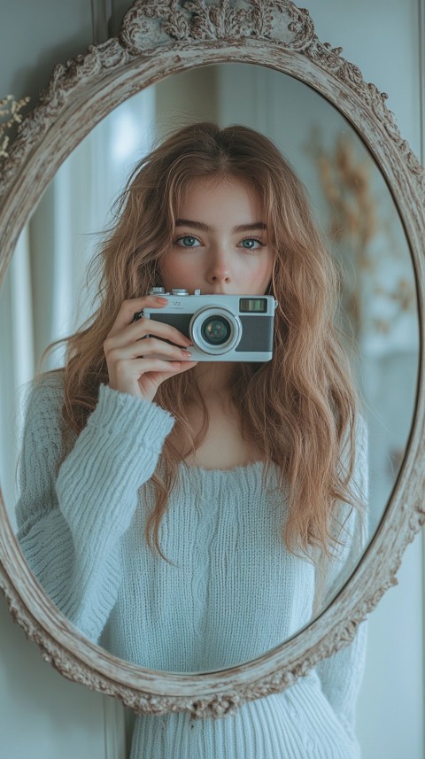 Round Mirror Reflecting a Woman Taking a Polaroid Picture – Minimalist Aesthetic (95)