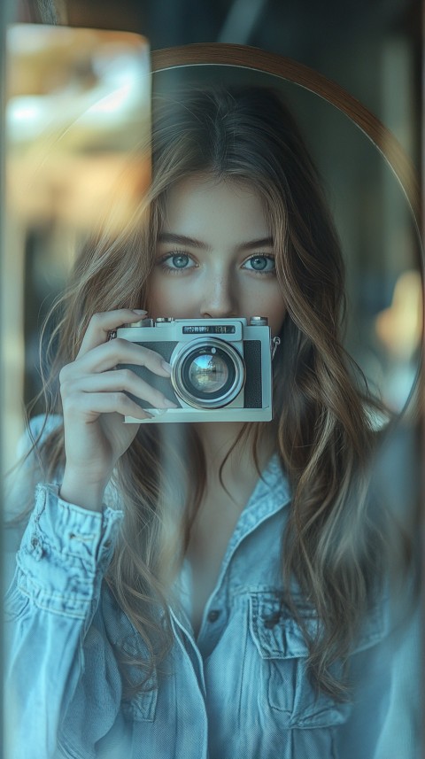 Round Mirror Reflecting a Woman Taking a Polaroid Picture – Minimalist Aesthetic (92)