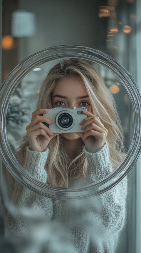 Round Mirror Reflecting a Woman Taking a Polaroid Picture – Minimalist Aesthetic (112)