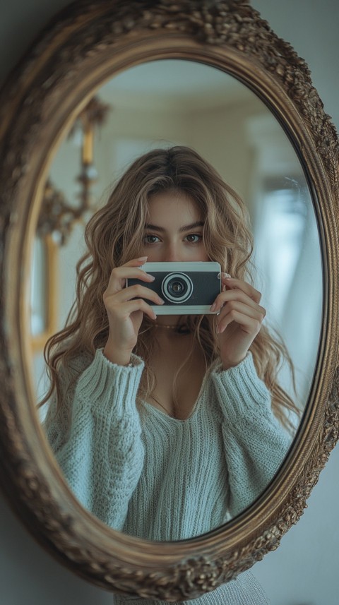 Round Mirror Reflecting a Woman Taking a Polaroid Picture – Minimalist Aesthetic (102)