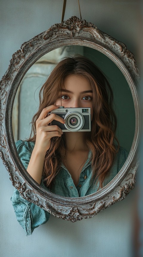 Round Mirror Reflecting a Woman Taking a Polaroid Picture – Minimalist Aesthetic (108)