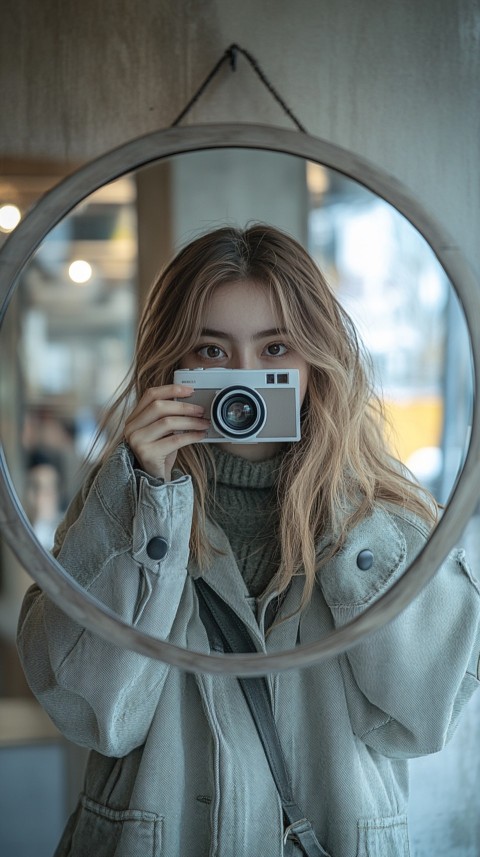 Round Mirror Reflecting a Woman Taking a Polaroid Picture – Minimalist Aesthetic (116)