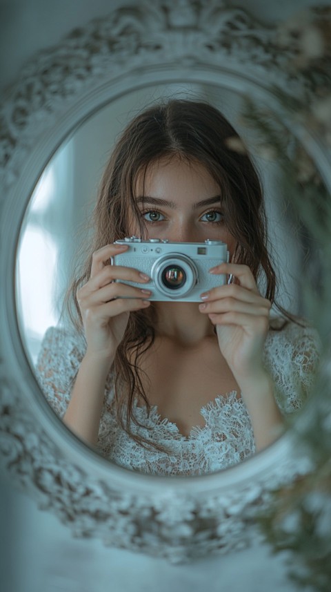 Round Mirror Reflecting a Woman Taking a Polaroid Picture – Minimalist Aesthetic (138)