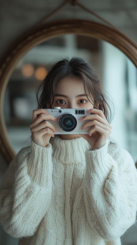 Round Mirror Reflecting a Woman Taking a Polaroid Picture – Minimalist Aesthetic (150)