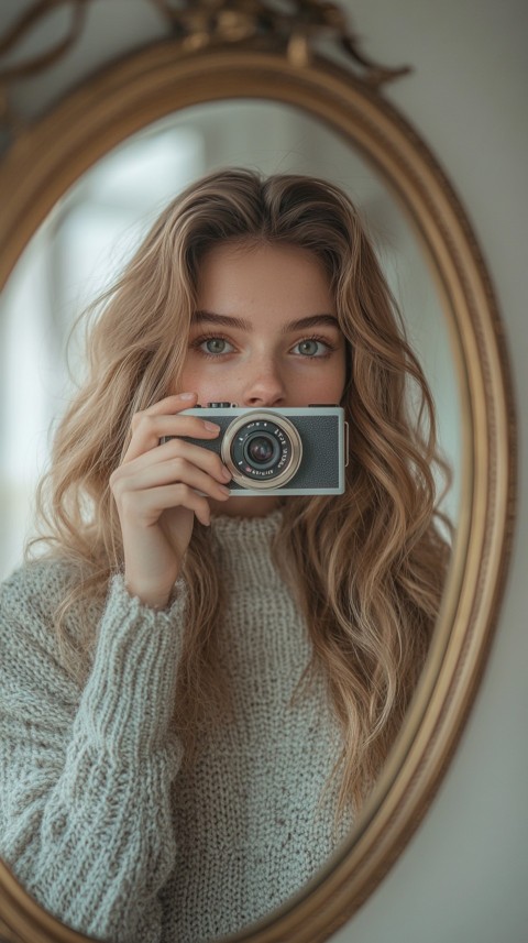 Round Mirror Reflecting a Woman Taking a Polaroid Picture – Minimalist Aesthetic (144)