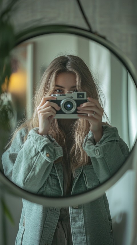 Round Mirror Reflecting a Woman Taking a Polaroid Picture – Minimalist Aesthetic (149)