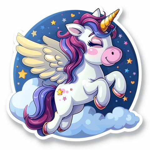 Cute Kawaii Stickers Adorable Cartoon Unicorn with Wings Flying Through Clouds on White Background (83)