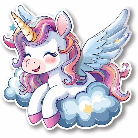 Cute Kawaii Stickers Adorable Cartoon Unicorn with Wings Flying Through Clouds on White Background (79)