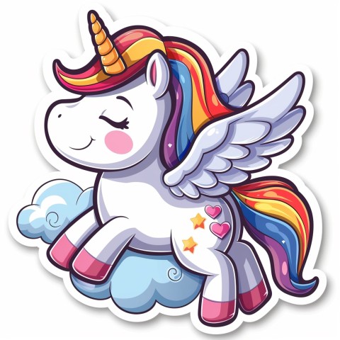 Cute Kawaii Stickers Adorable Cartoon Unicorn with Wings Flying Through Clouds on White Background (108)