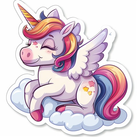 Cute Kawaii Stickers Adorable Cartoon Unicorn with Wings Flying Through Clouds on White Background (93)