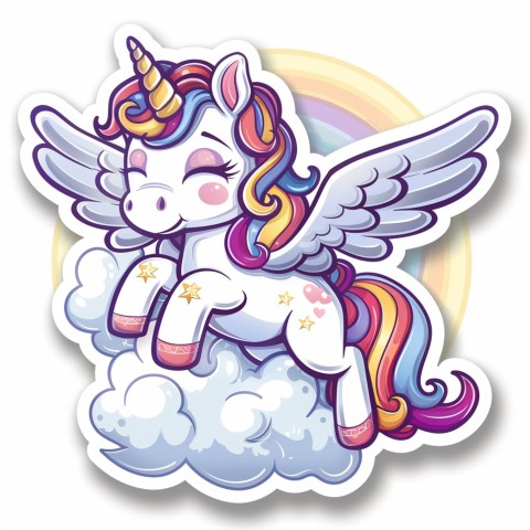 Cute Kawaii Stickers Adorable Cartoon Unicorn with Wings Flying Through Clouds on White Background (94)