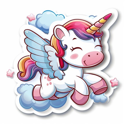 Cute Kawaii Stickers Adorable Cartoon Unicorn with Wings Flying Through Clouds on White Background (106)