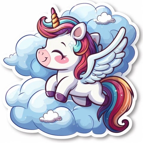 Cute Kawaii Stickers Adorable Cartoon Unicorn with Wings Flying Through Clouds on White Background (91)