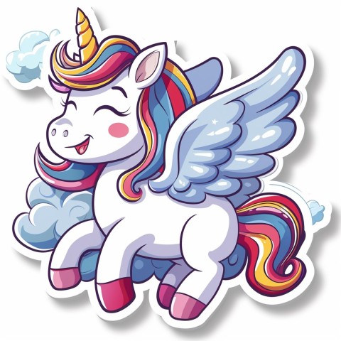 Cute Kawaii Stickers Adorable Cartoon Unicorn with Wings Flying Through Clouds on White Background (110)