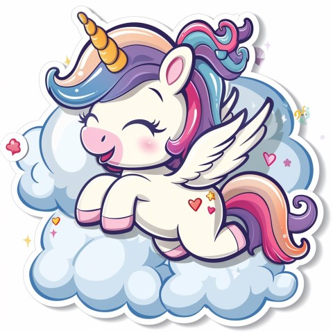 Cute Kawaii Stickers Adorable Cartoon Unicorn with Wings Flying Through Clouds on White Background (92)