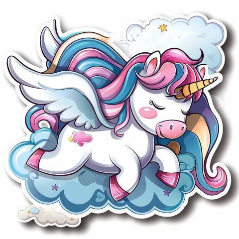 Cute Kawaii Stickers Adorable Cartoon Unicorn with Wings Flying Through Clouds on White Background (97)