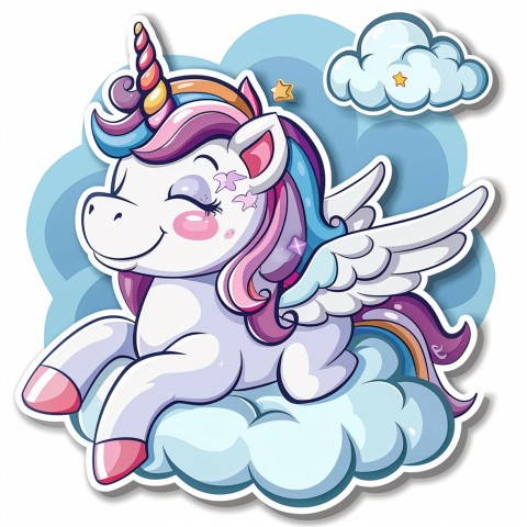 Cute Kawaii Stickers Adorable Cartoon Unicorn with Wings Flying Through Clouds on White Background (107)